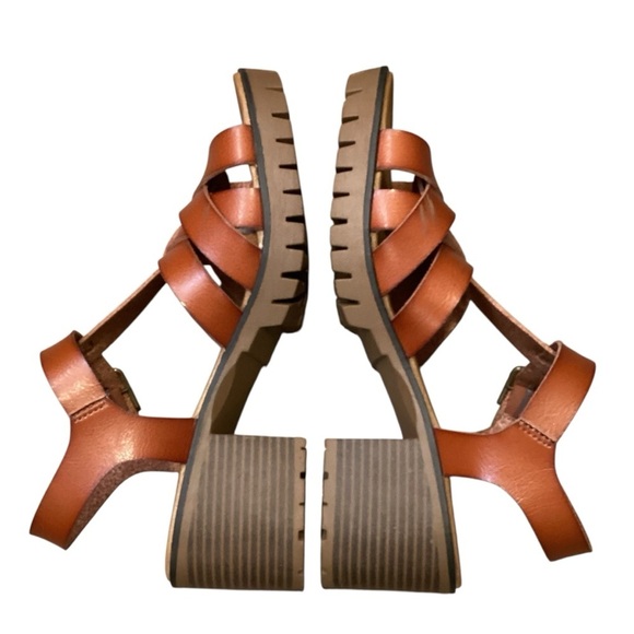 POP Comfort Fit Chunky Heel Strappy Leather Cognac Color Sandals,‎ Size 9 - Picture 3 of 13